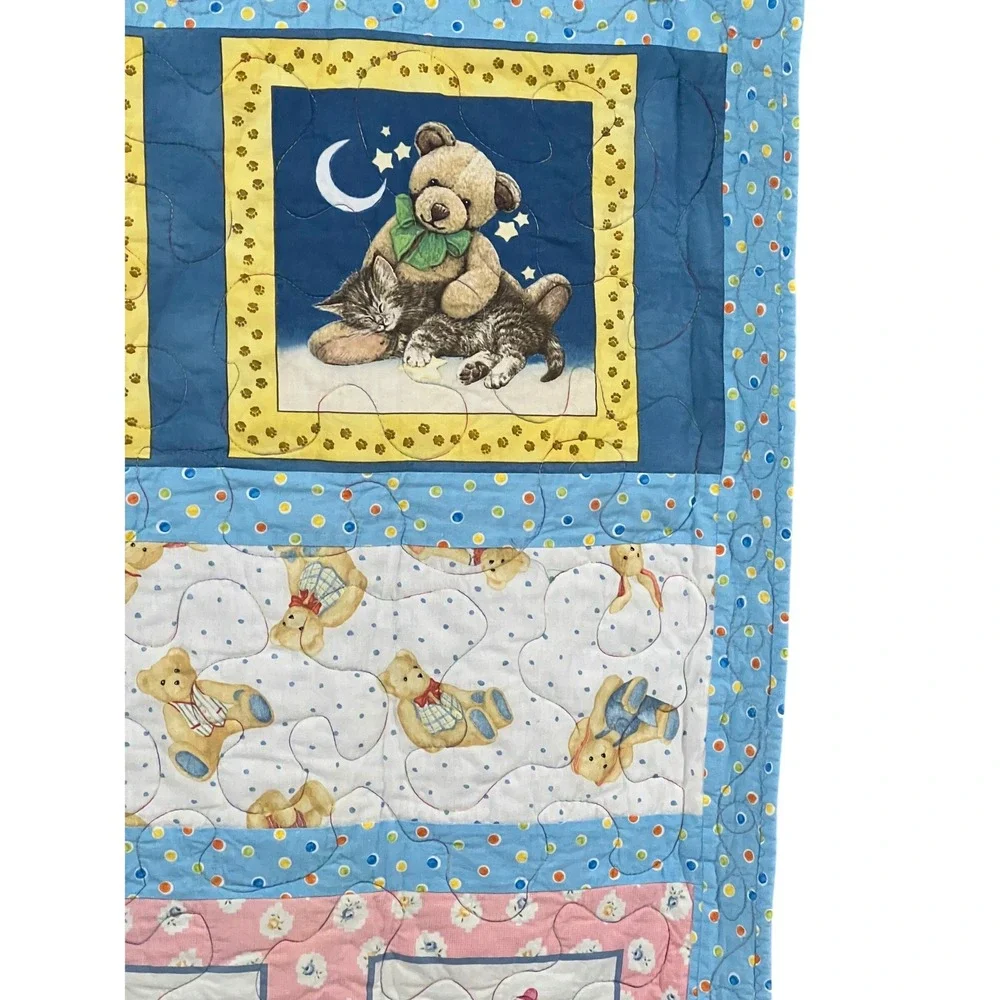 Handmade Baby Quilt Animal Patchwork Teddy Bear Kitten Sheep Blue Nursery 46x56